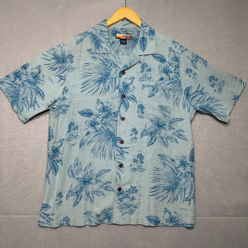 Havana Jacks Cafe Mens Shirt M Blue Excellent 100% Silk Tropical Aloha Hawaiian